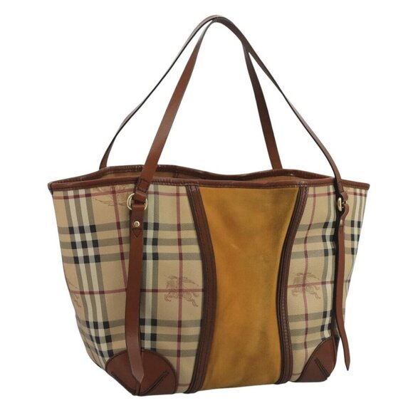 BURBERRY Nova Check Shoulder Bag PVC Suede Beige Brown gold Auth 110833